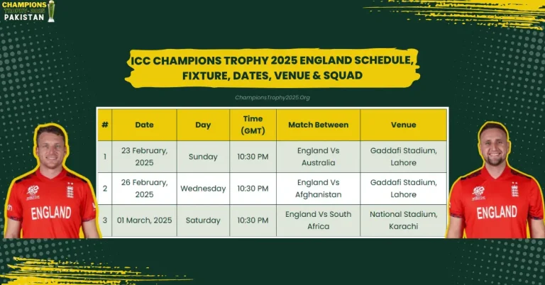 ICC Champions Trophy 2025 England Schedule, Fixtures, Dates, Venue & Announced Squad